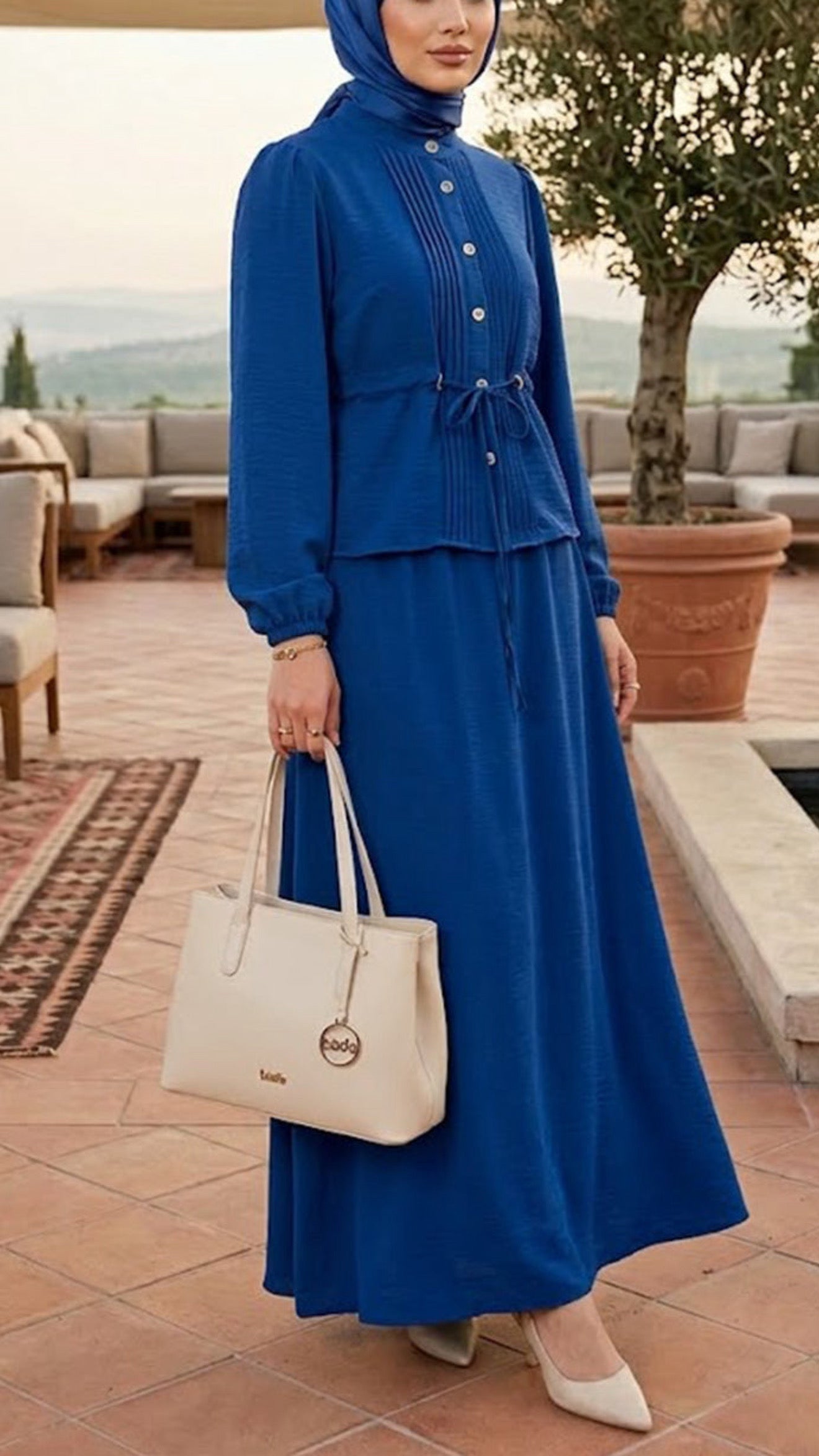 Pleated Top Drawstring Blue Button Down Crepe Skirt Set