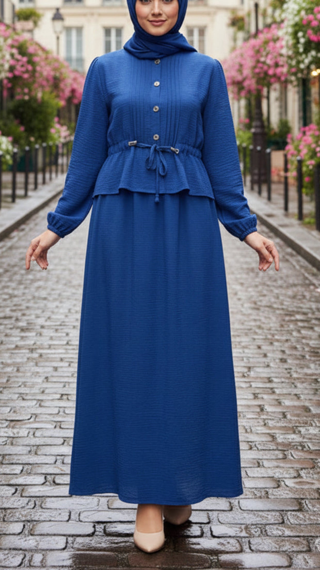 Pleated Top Drawstring Blue Button Down Crepe Skirt Set