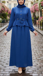 Pleated Top Drawstring Blue Button Down Crepe Skirt Set