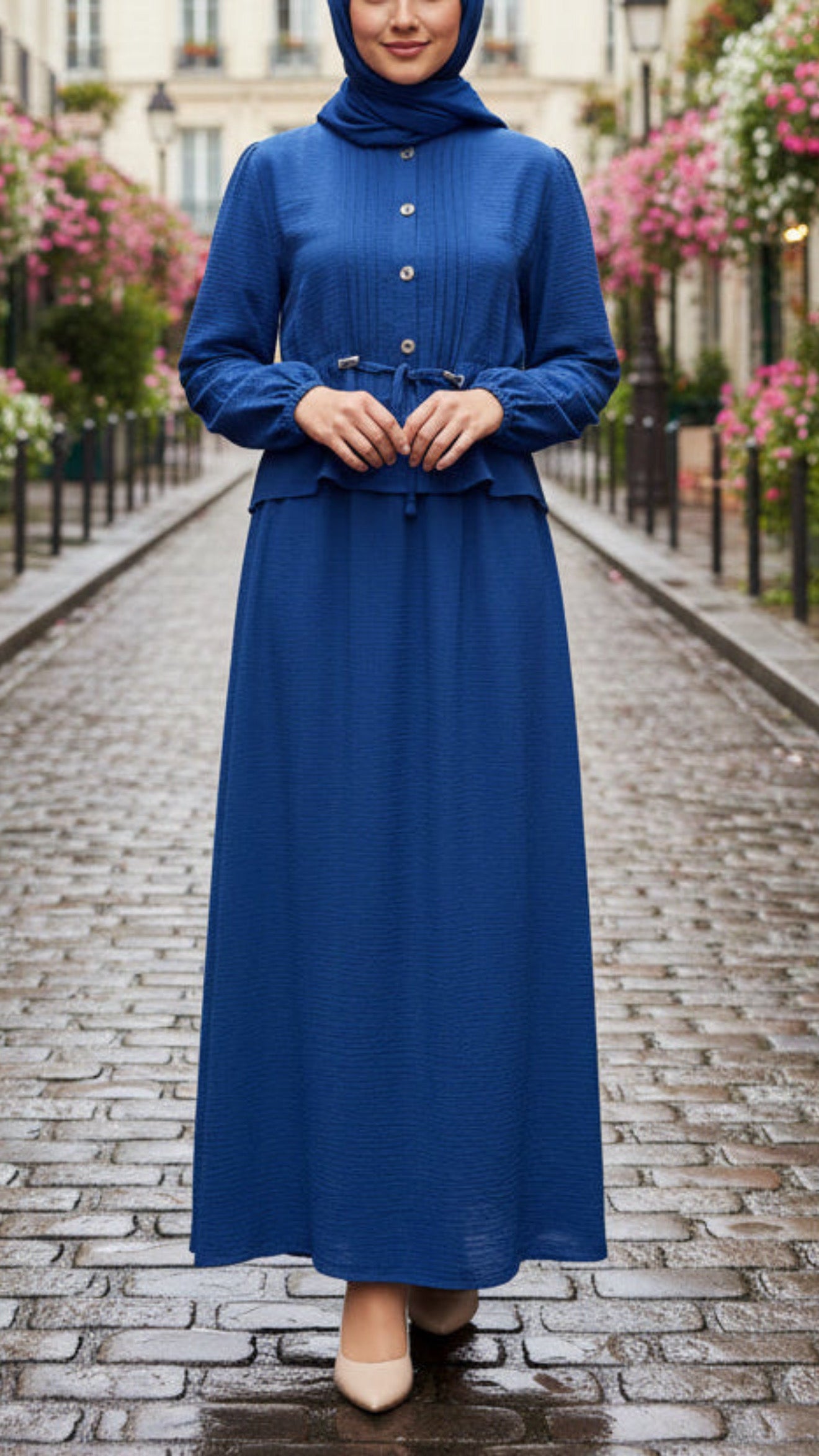Pleated Top Drawstring Blue Button Down Crepe Skirt Set