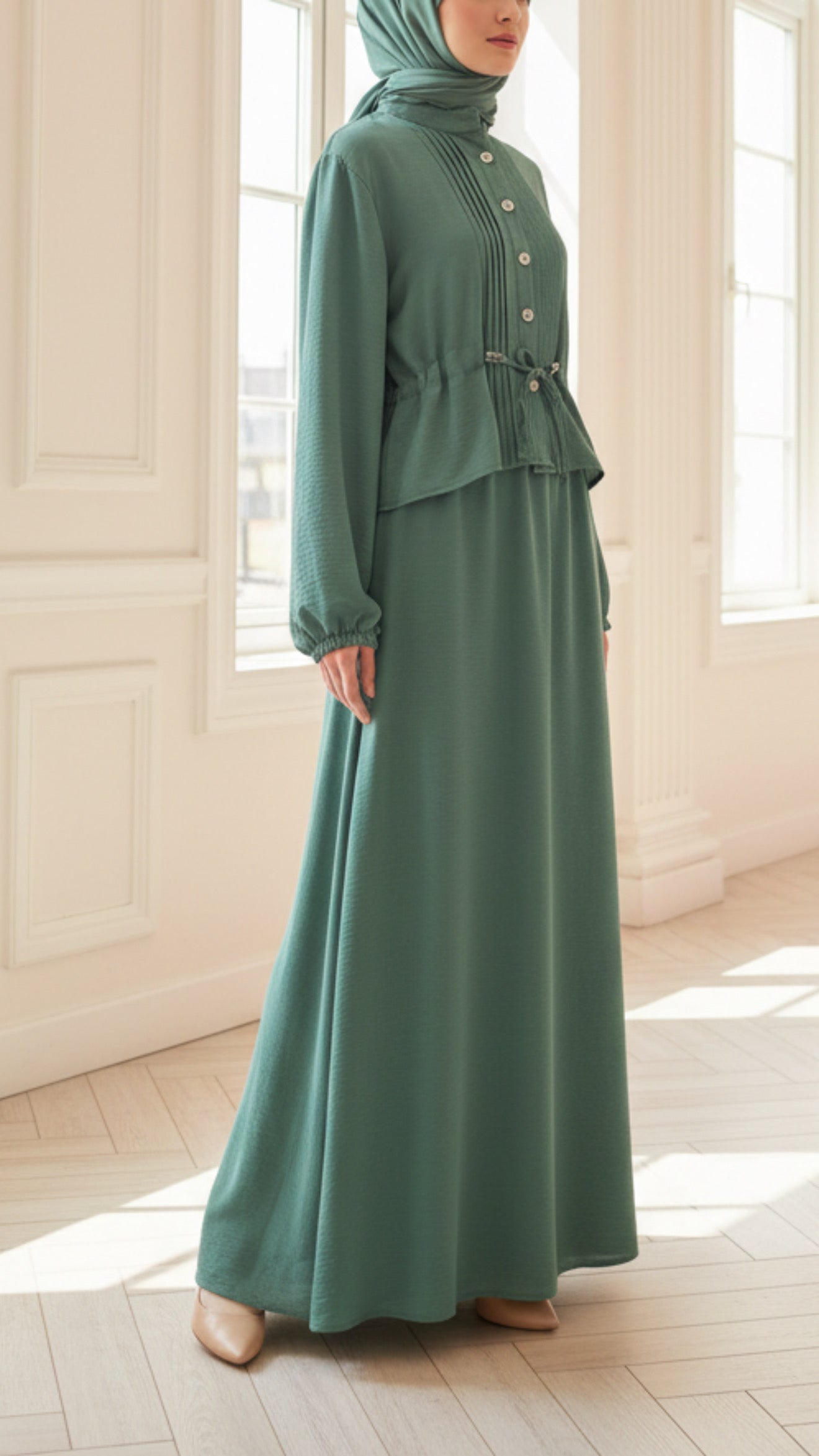 Pleated Top Drawstring Mint Button Down Crepe Skirt Set