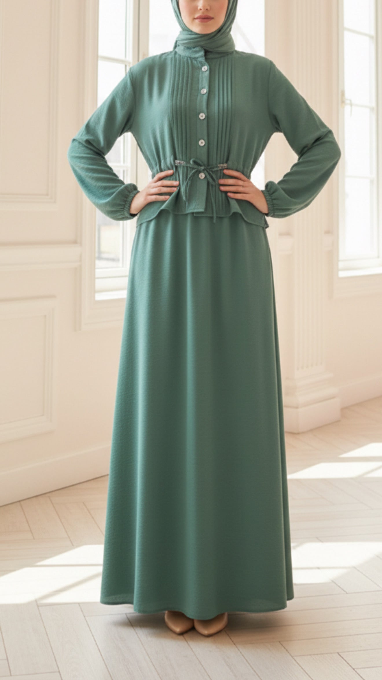 Pleated Top Drawstring Mint Button Down Crepe Skirt Set