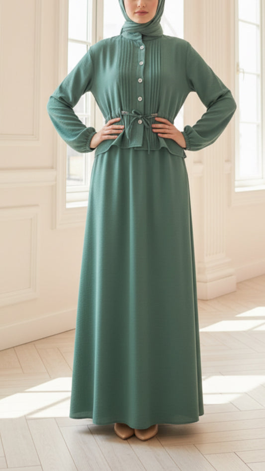 Pleated Top Drawstring Mint Button Down Crepe Skirt Set