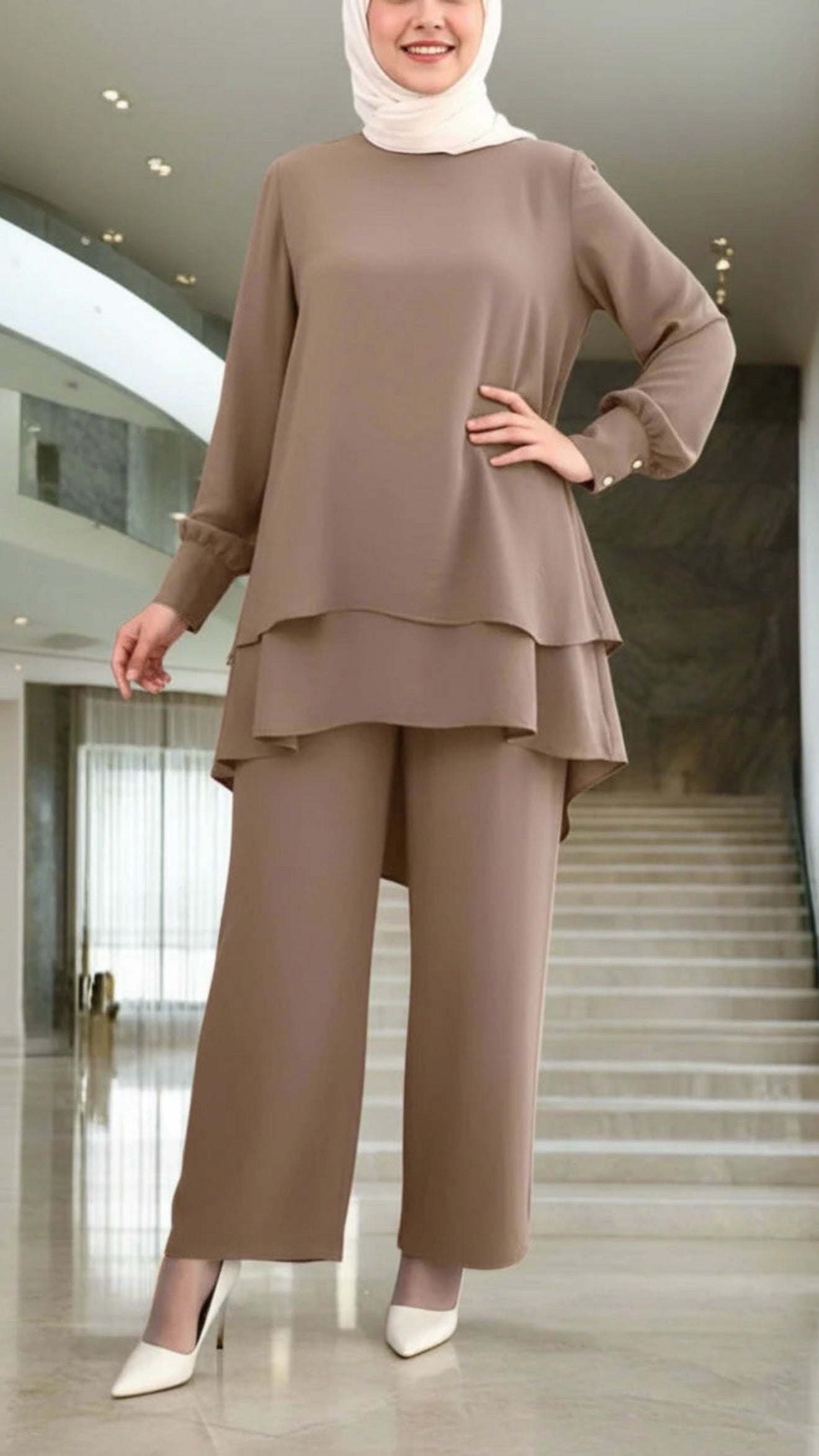 Turkish Style Crepe Tiered Khaki Pant Suit