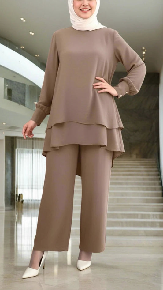 Turkish Style Crepe Tiered Khaki Pant Suit