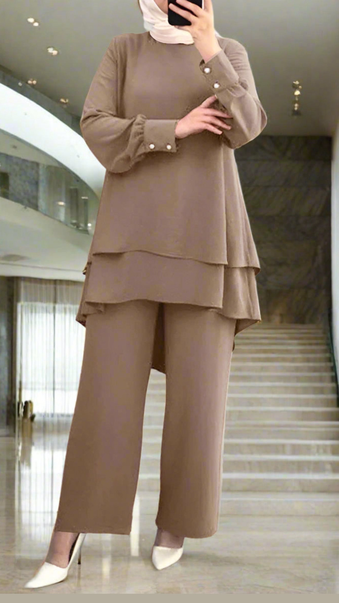 Turkish Style Crepe Tiered Khaki Pant Suit
