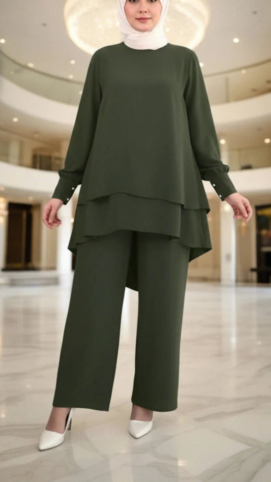 Turkish Style Crepe Tiered Olive Pant Suit