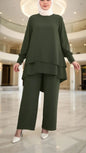 Turkish Style Crepe Tiered Olive Pant Suit
