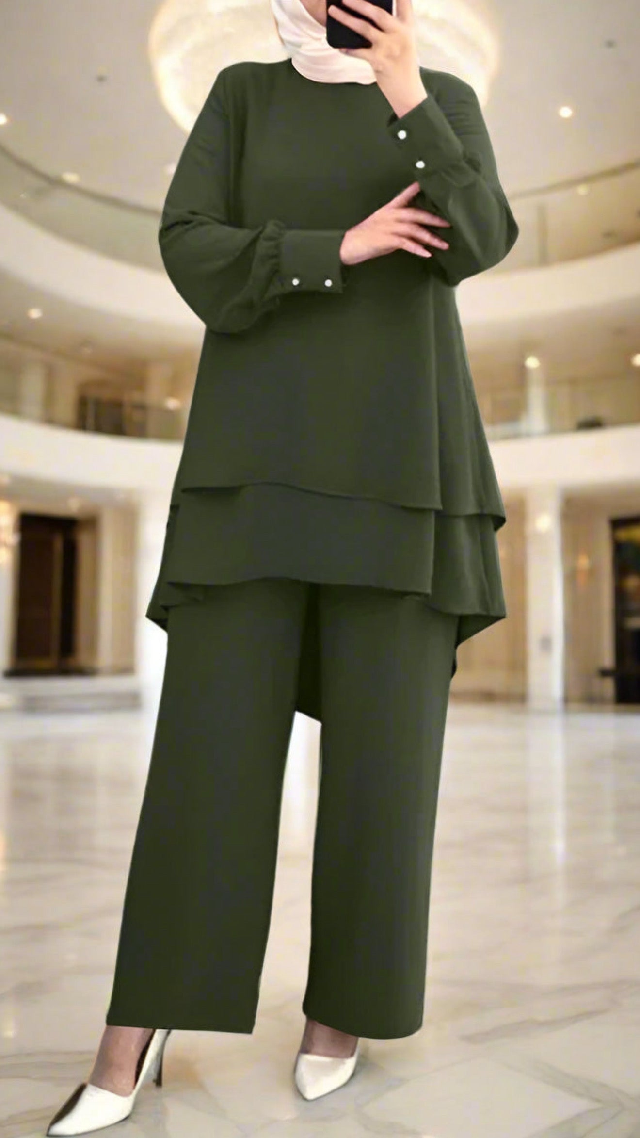 Turkish Style Crepe Tiered Olive Pant Suit