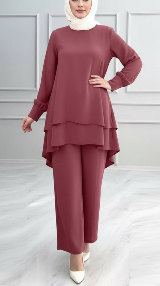 Turkish Style Crepe Tiered Raspberry  Pant Suit