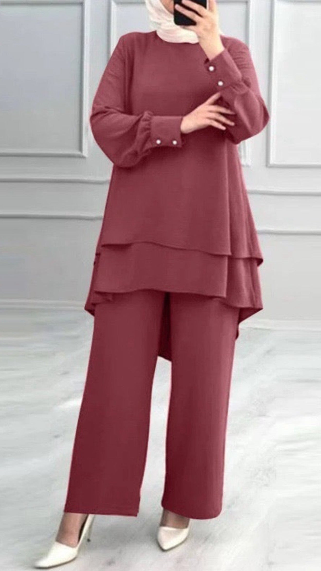 Turkish Style Crepe Tiered Raspberry  Pant Suit