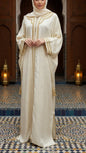 Taupe Embossed Satin Moroccan Gandoura with Gold Embroidery