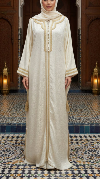 Taupe Embossed Satin Moroccan Gandoura with Gold Embroidery