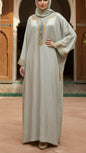Taupe Embossed Swirl Pattern Satin Moroccan Gandoura with Gold Embroidery