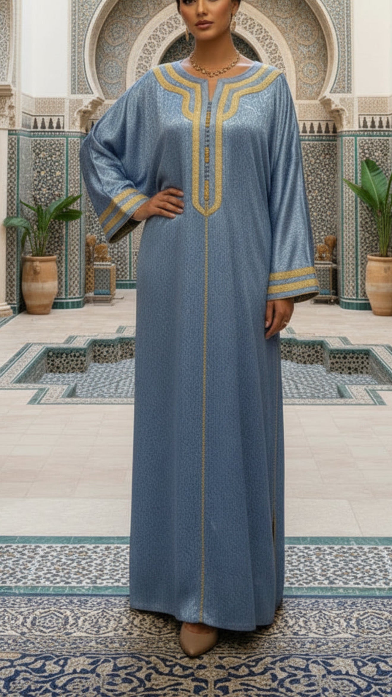 Taupe Embossed Blue Satin Moroccan Gandoura with Gold Embroidery