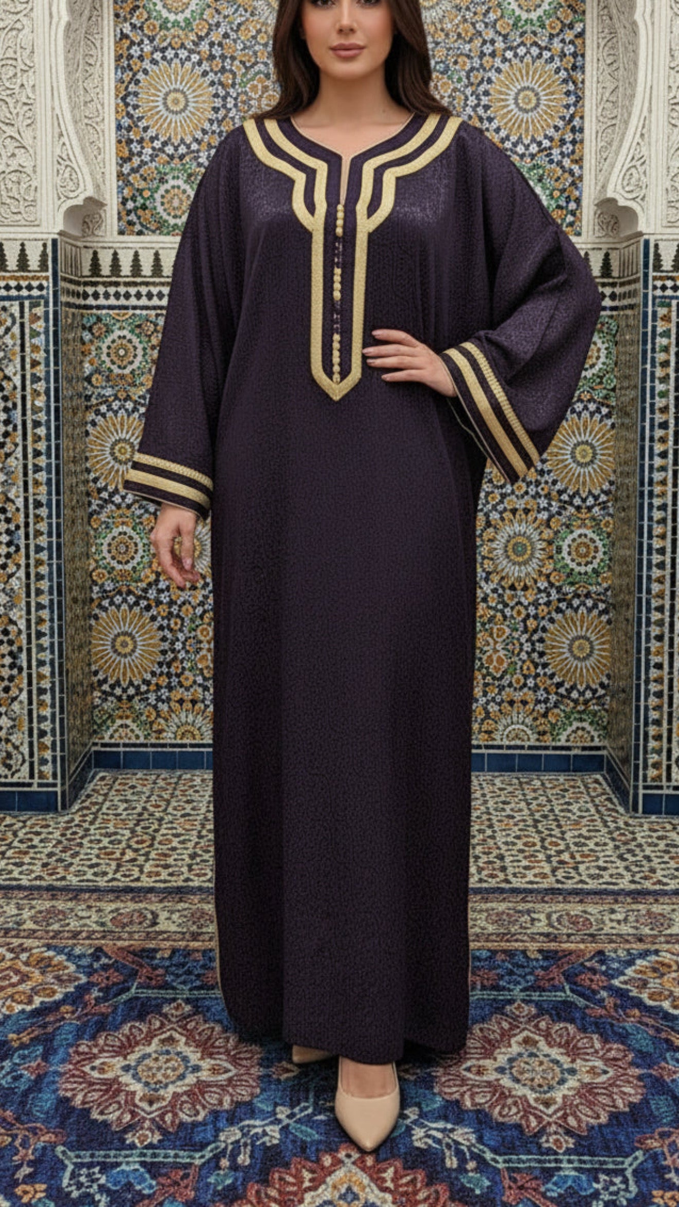 Taupe Embossed Plum Satin Moroccan Gandoura with Gold Embroidery