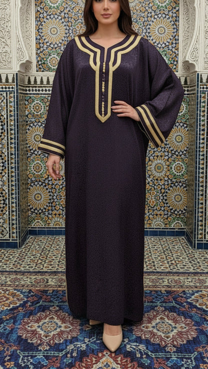 Taupe Embossed Plum Satin Moroccan Gandoura with Gold Embroidery