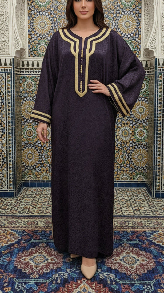 Taupe Embossed Plum Satin Moroccan Gandoura with Gold Embroidery