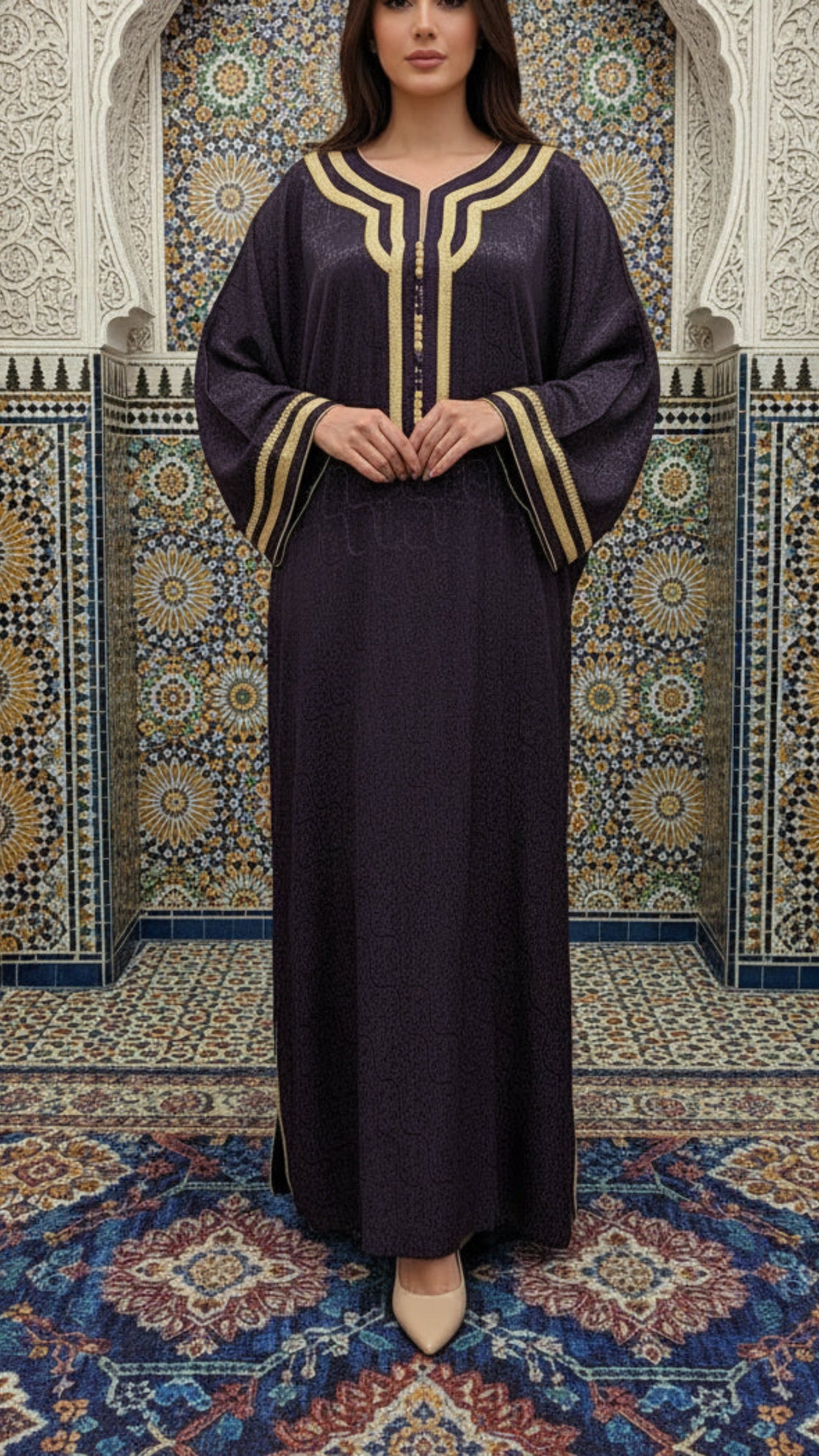 Taupe Embossed Plum Satin Moroccan Gandoura with Gold Embroidery