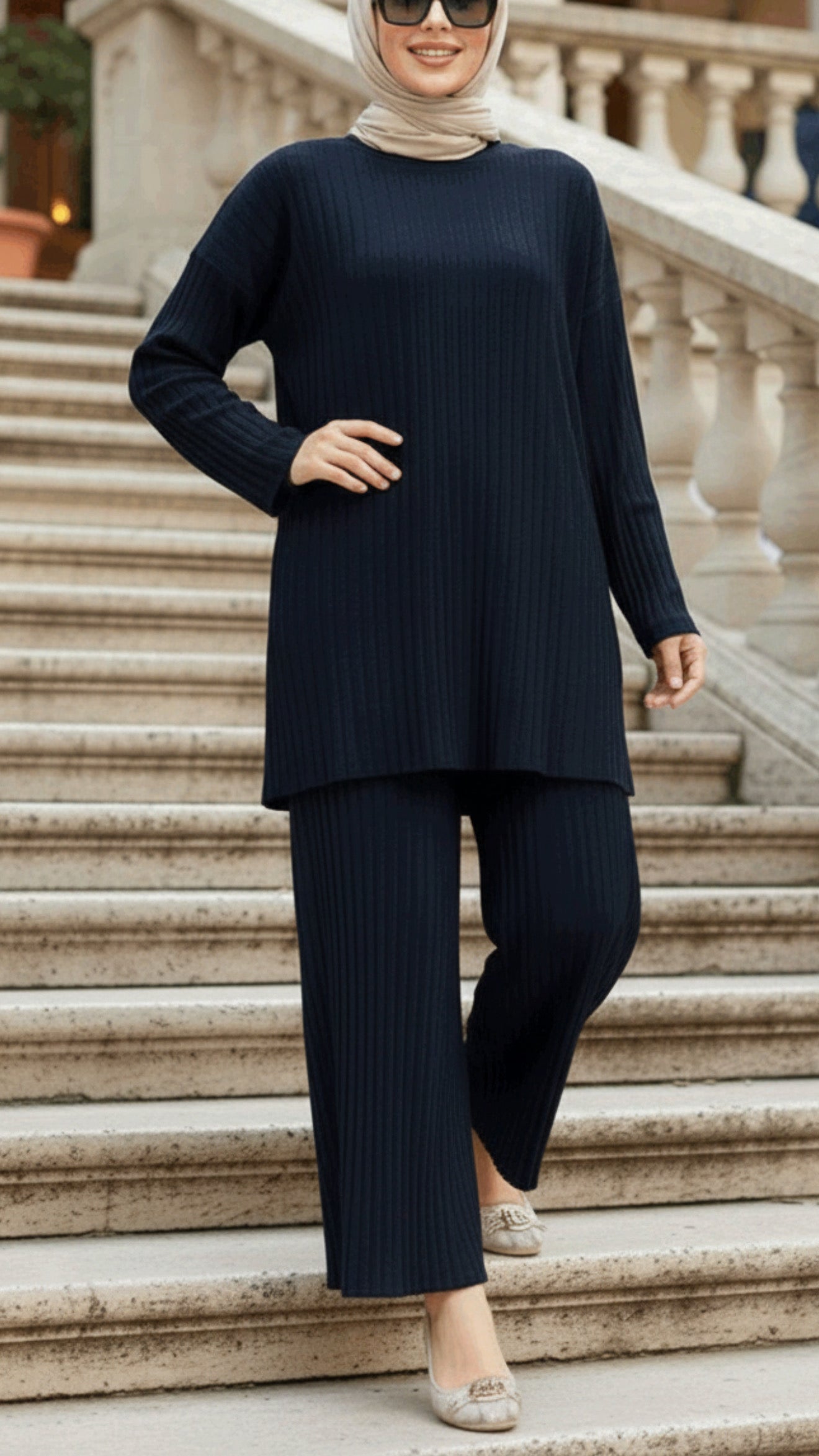 Navy Pleated Pant Suit