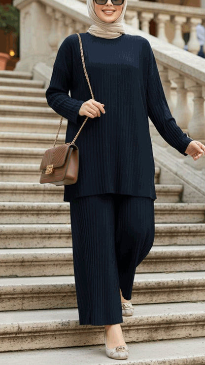 Navy Pleated Pant Suit