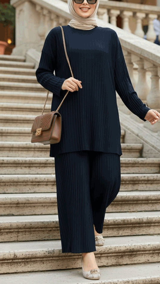 Navy Pleated Pant Suit