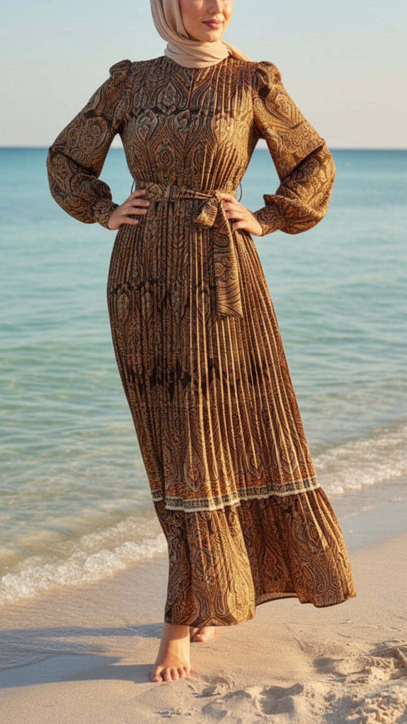 Satin Damask Pleated Brown Dress