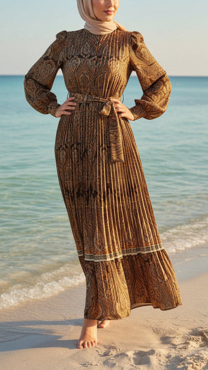 Satin Damask Pleated Brown Dress