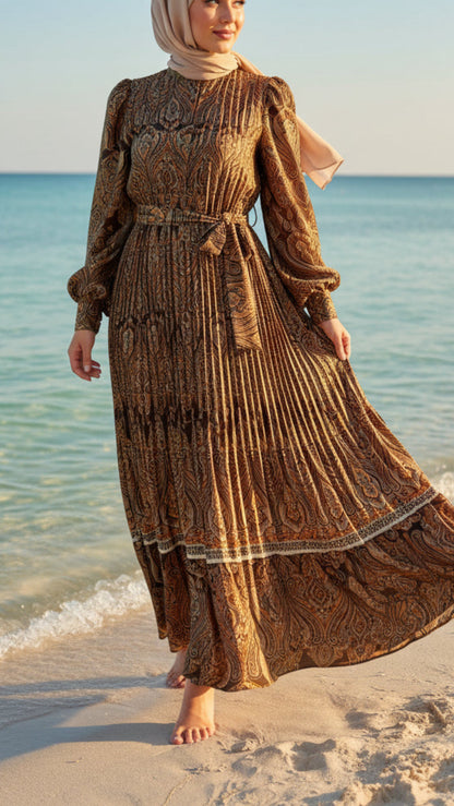 Satin Damask Pleated Brown Dress