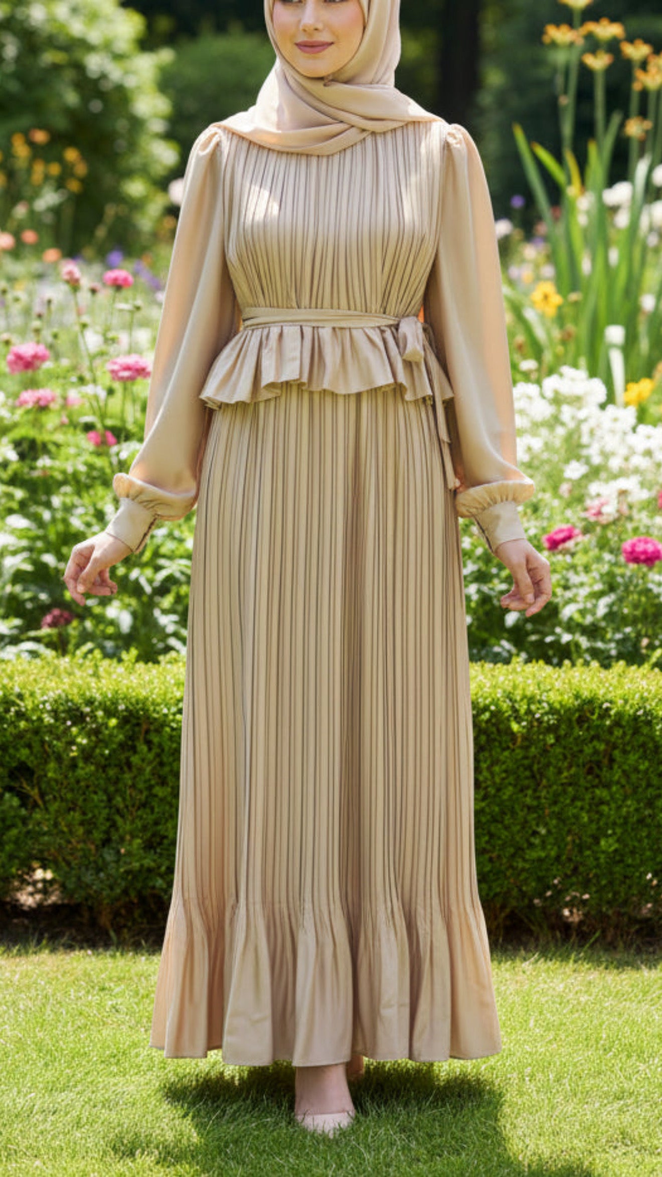 Pleated Satin Ruffle Top Beige Dress