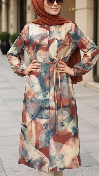 Summer Burnt Orange & Blue Brushstroke Button Down Oversized Tunic