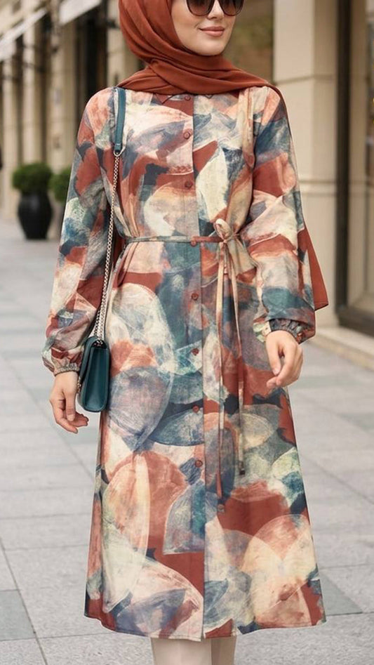 Summer Burnt Orange & Blue Brushstroke Button Down Oversized Tunic