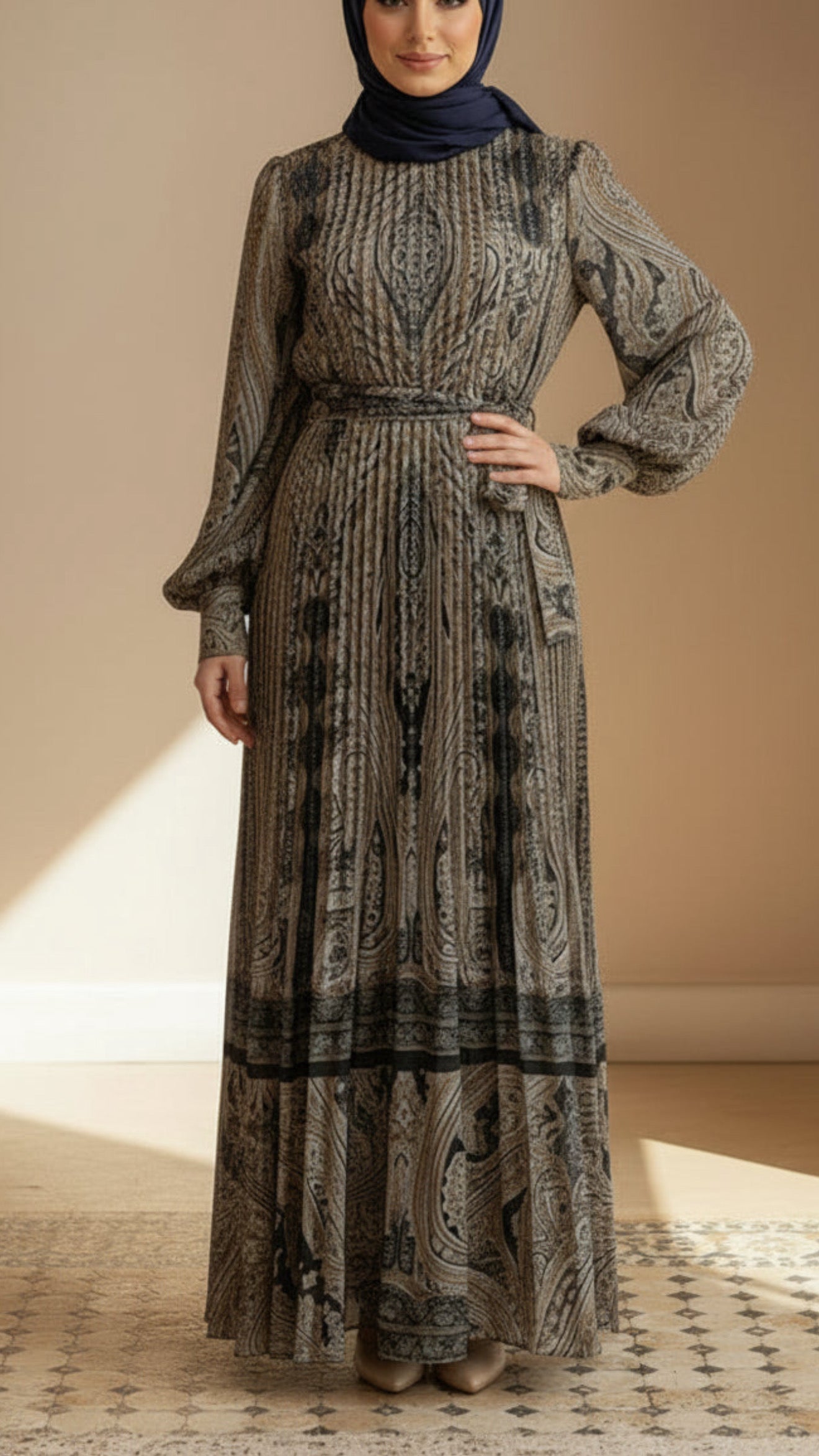 Satin Damask Pleated Black Dress
