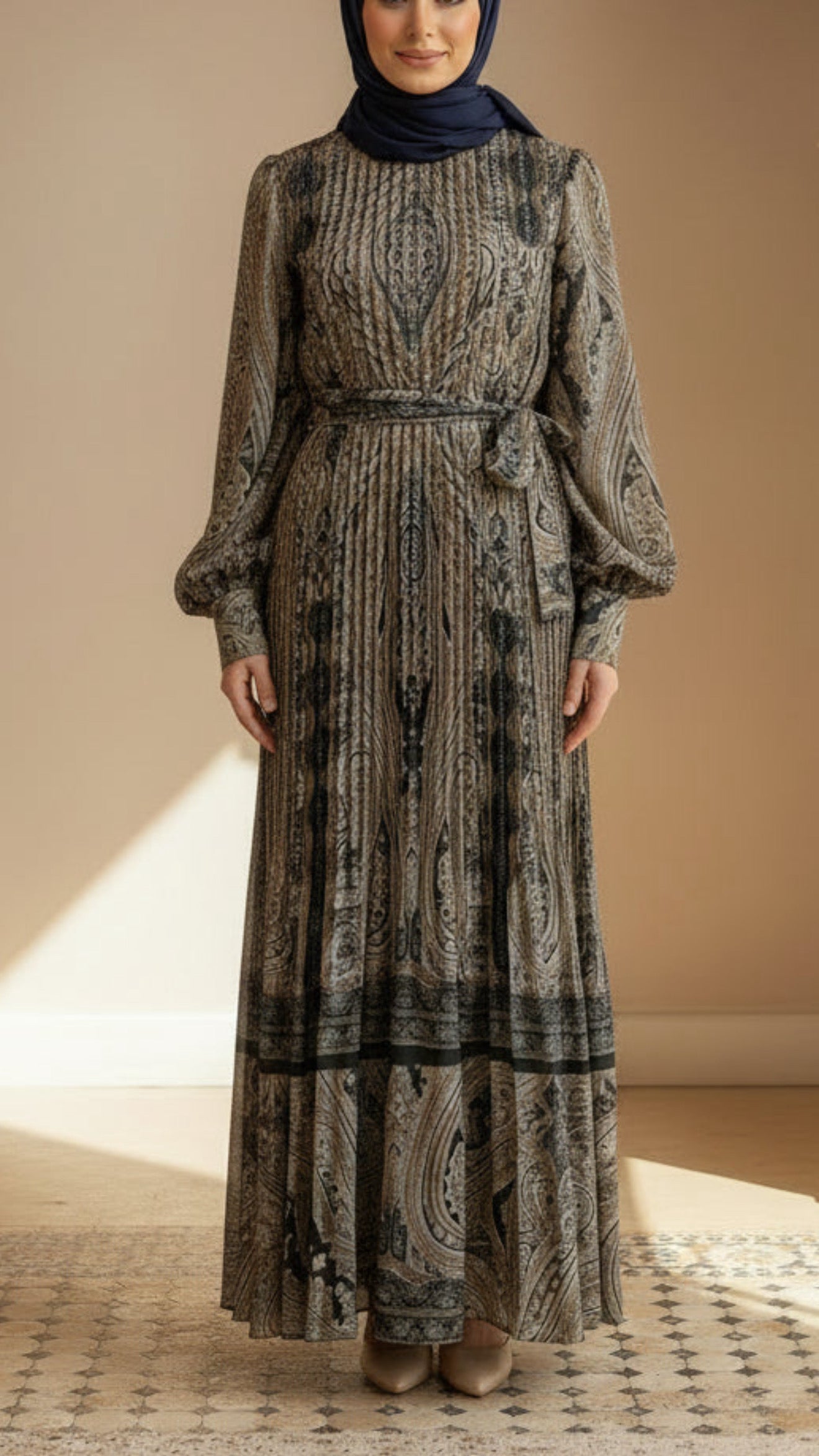 Satin Damask Pleated Black Dress