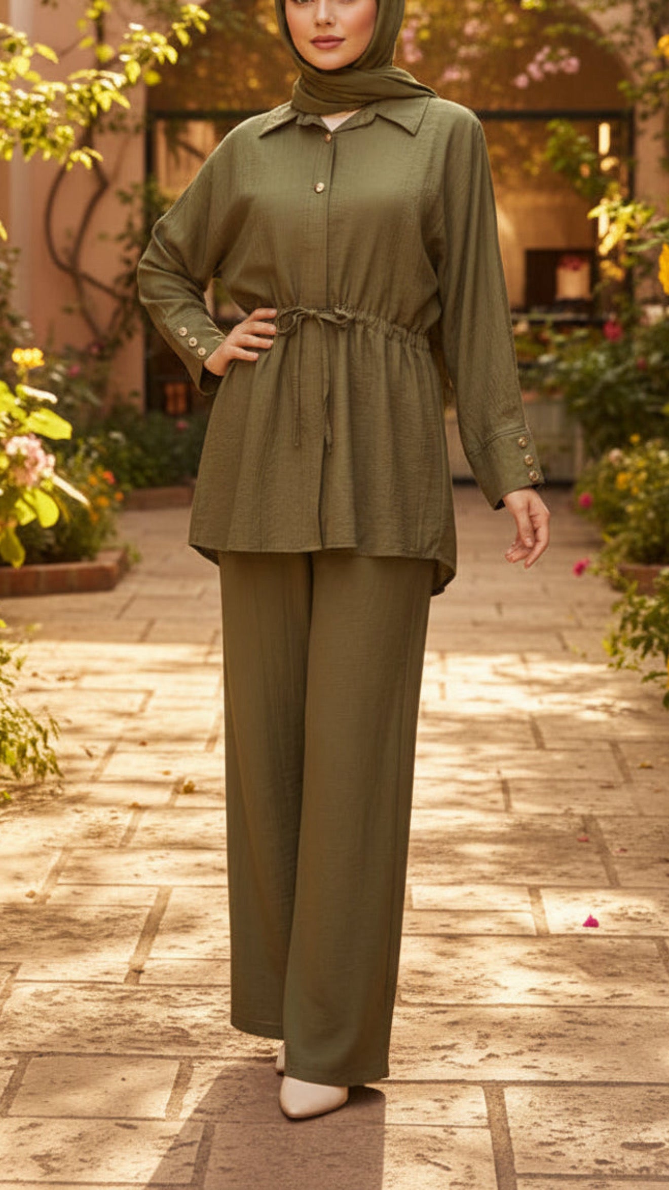 Summer Button-Down Green Drawstring Top Pant Suit