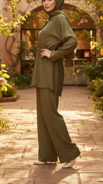 Summer Button-Down Green Drawstring Top Pant Suit