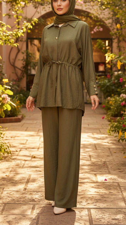 Summer Button-Down Green Drawstring Top Pant Suit