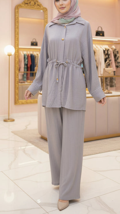 Summer Button-Down Slate Blue Drawstring Top Pant Suit