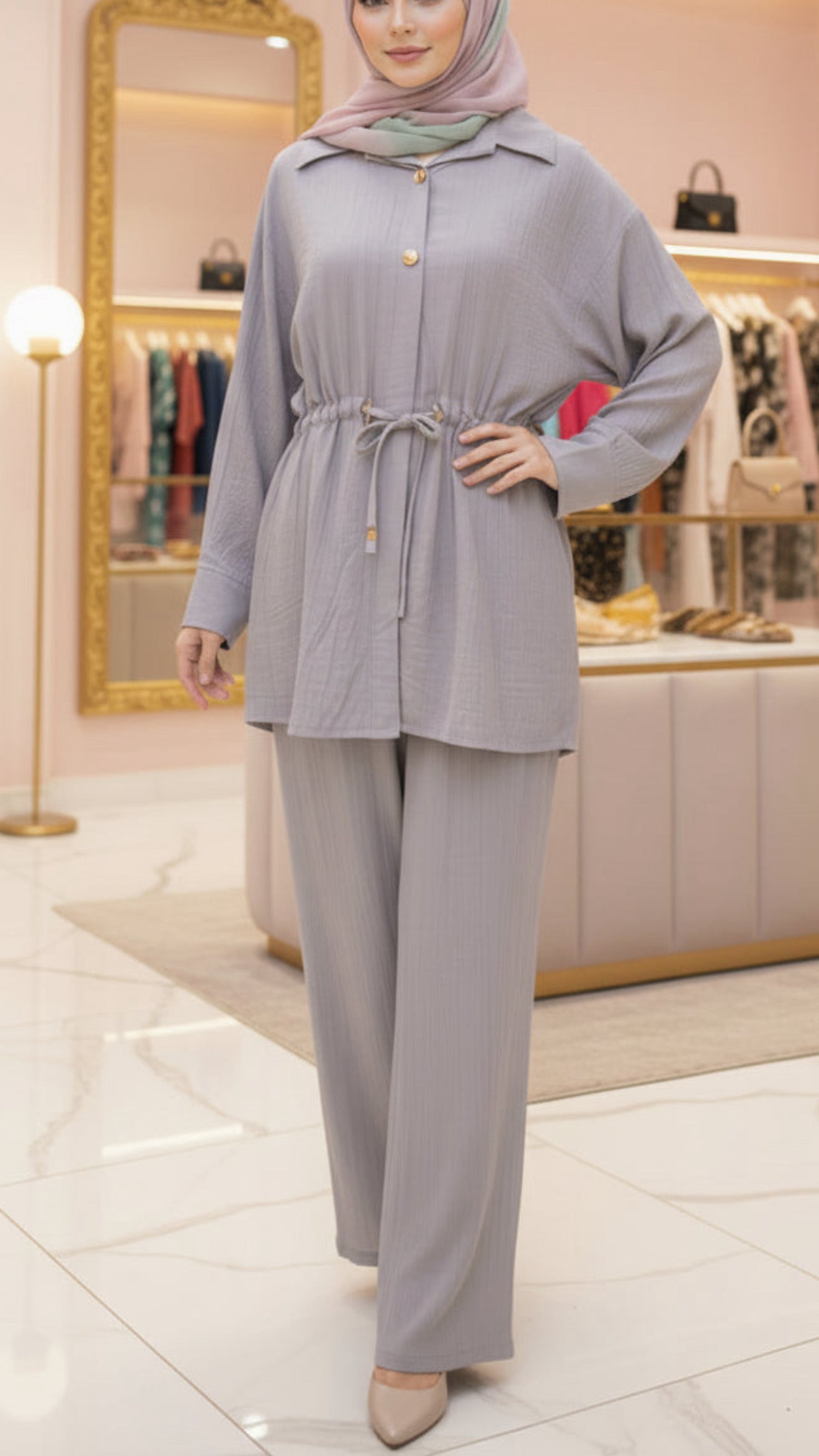 Summer Button-Down Slate Blue Drawstring Top Pant Suit