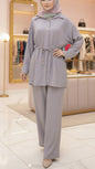 Summer Button-Down Slate Blue Drawstring Top Pant Suit