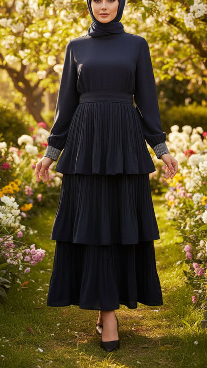 Pleated Navy Tiered Dress With Embellished Cuffs