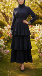 Pleated Navy Tiered Dress With Embellished Cuffs