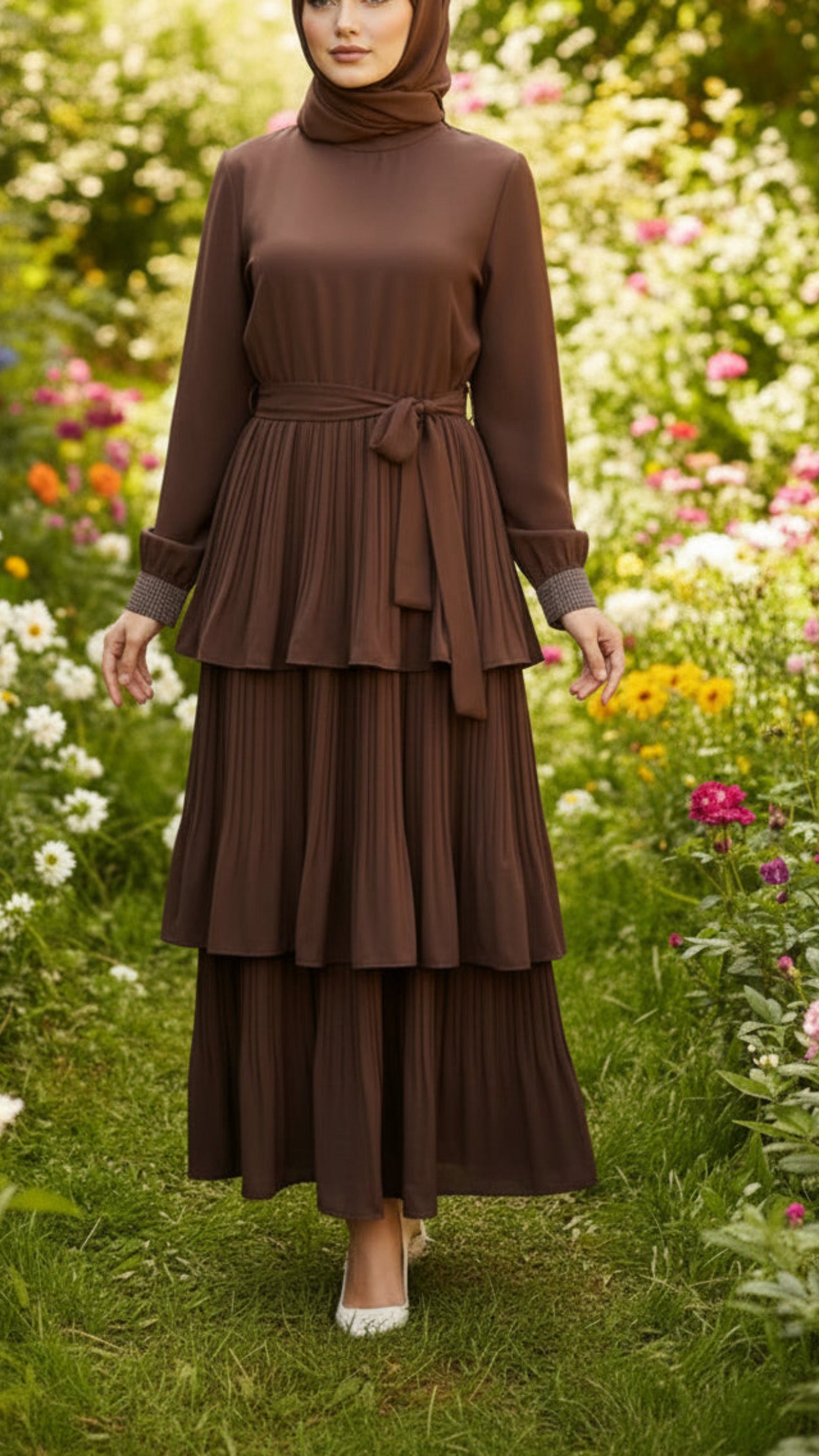 Pleated Chocolate Tiered Dress With Embellished Cuffs