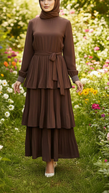 Pleated Chocolate Tiered Dress With Embellished Cuffs