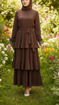 Pleated Chocolate Tiered Dress With Embellished Cuffs
