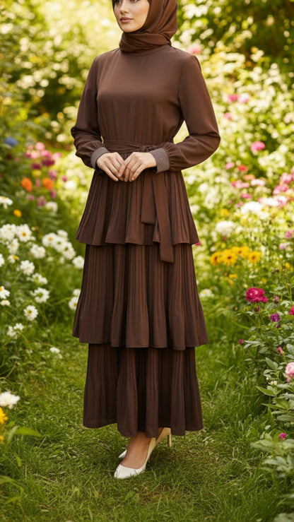 Pleated Chocolate Tiered Dress With Embellished Cuffs