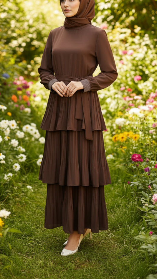 Pleated Chocolate Tiered Dress With Embellished Cuffs