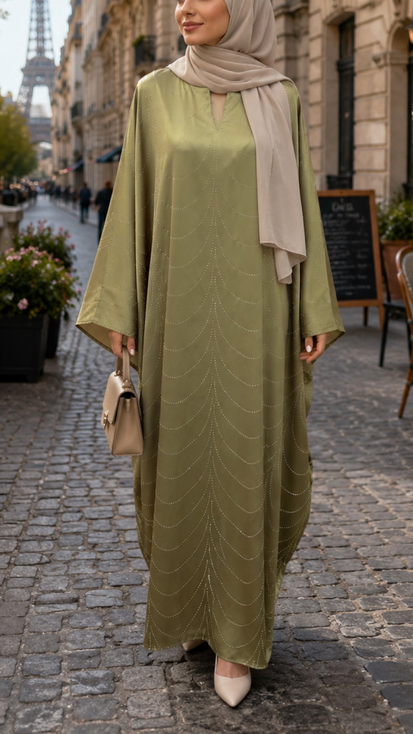 Sage Embellished Wave Abaya Dress