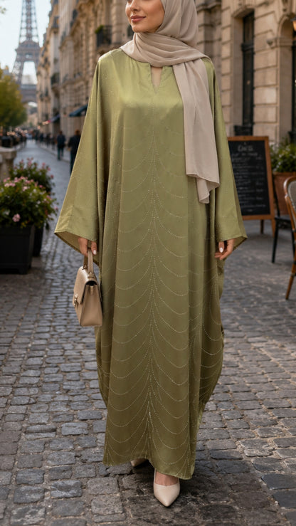 Sage Embellished Wave Abaya Dress
