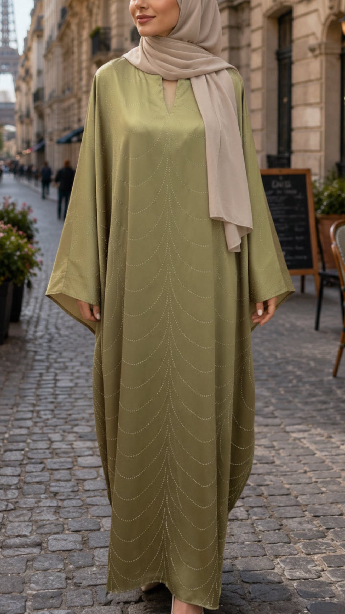 Sage Embellished Wave Abaya Dress